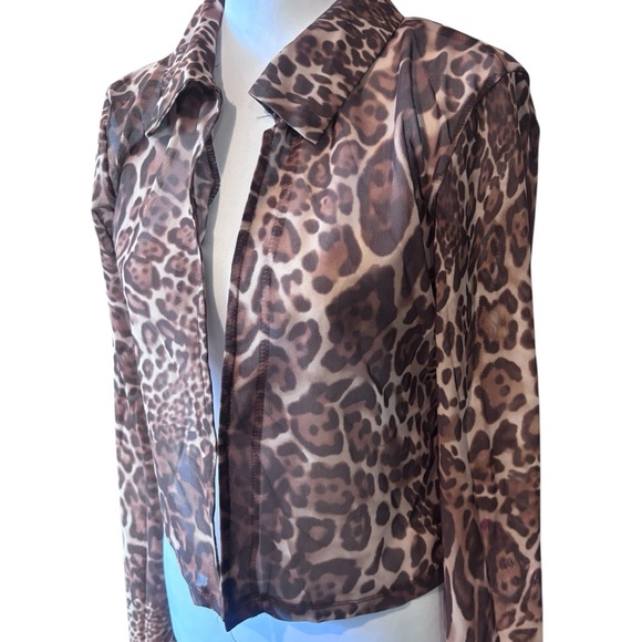 Lioness Sheer Leopard Print Mesh Button Up Top Y2K Fitted Going Out - Picture 2 of 7